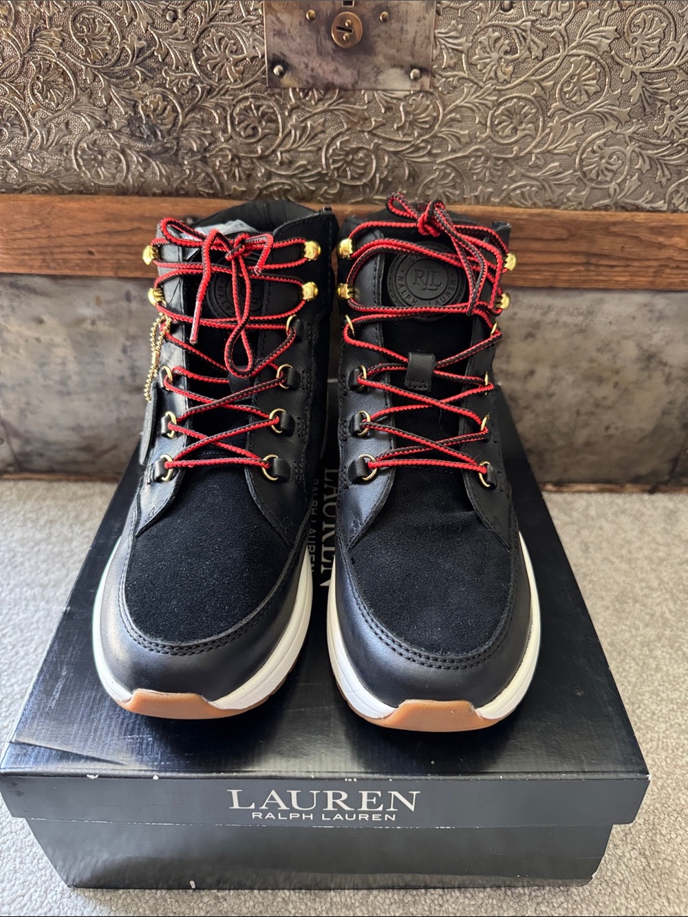 NIB Lauren Ralph Lauren Black Sneakers with Red Laces and White Soles